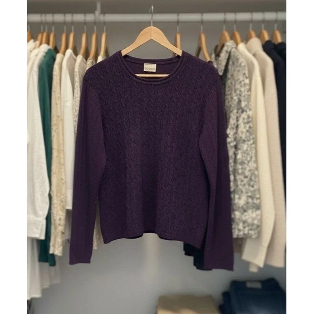 Eggplant Purple Cable Knit Sweater Women XL 100% Cotton Villager Sport Claiborne - Picture 2 of 10